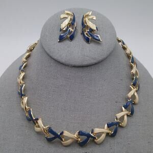 Vintage Blue White Enamel Choker Necklace Earrings Set, 1960s, 16" & 1 1/2"